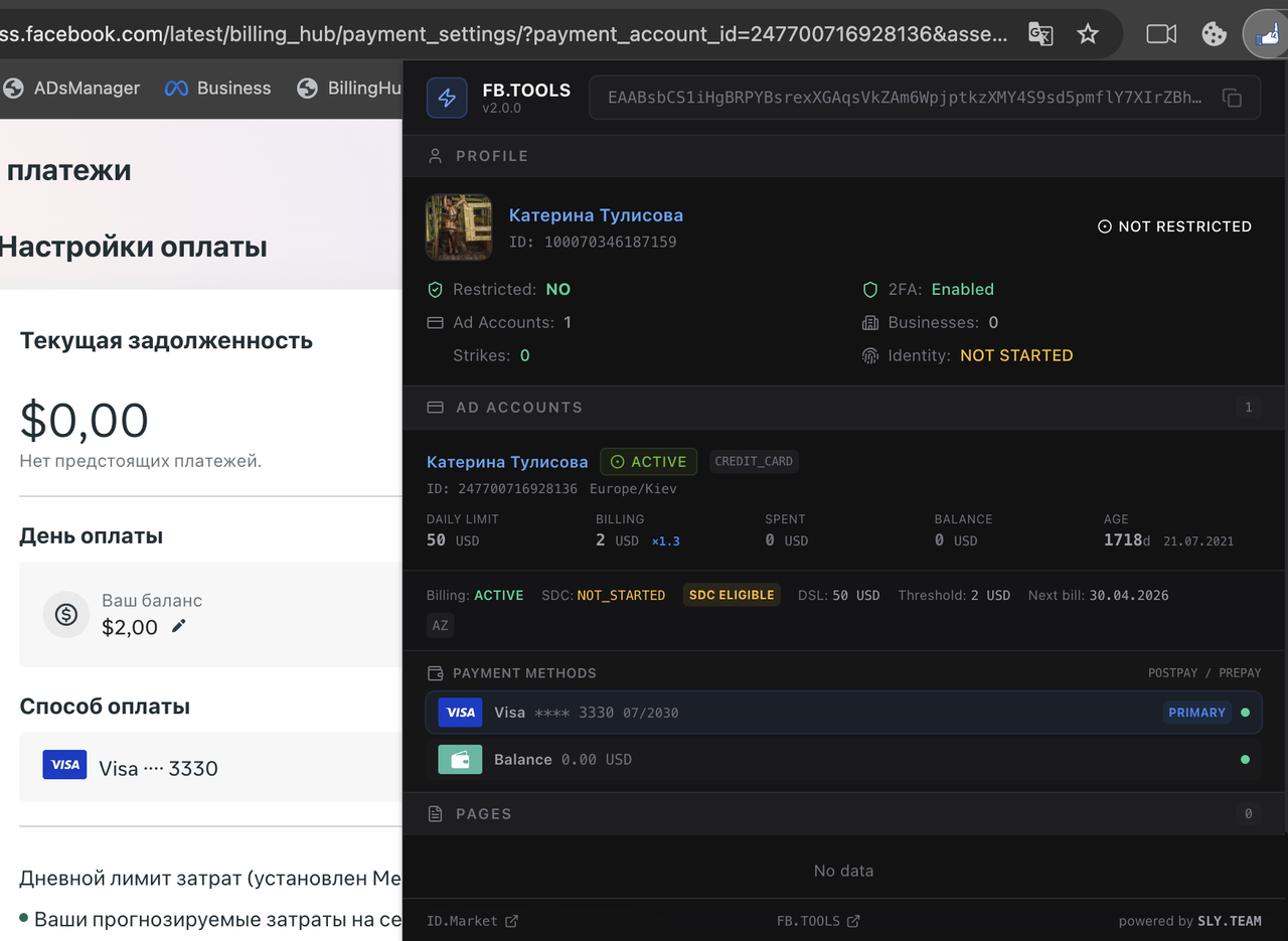 Скриншот popup-расширения FB.Tools: профиль, ad accounts, методы оплаты и страницы